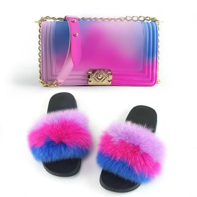 China High Quality Hot Selling Real Fox Fur Slides With Jelly Purse Bags Set Wholesale 2021 Handbags Match Furry Sandals Slides For Women for sale