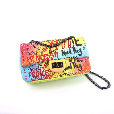 China Fashion/Lady /Party On Sale Graffiti Handbag For Women Three Class Purses Graffiti Bags Simple Colorful Luxury Chain Purse PU Leather OEM PVC for sale