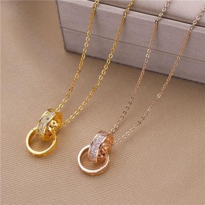 China Vintage New Style Double Ring Stainless Steel Necklace 2022 Single Micro Pave Diamond Pendant Necklace Woman Accessories Jewelry for sale