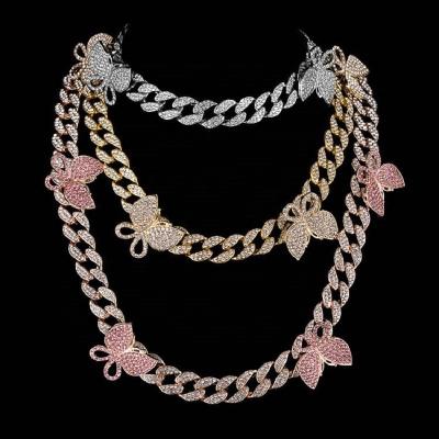 China 18 Inch Hiphop Full Rhinestone Hip Hop Cuban Alloy Gold Color Butterfly Link Chain Fashionable Cuban Necklace For Women for sale