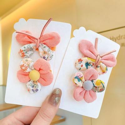 China 2021 Child 2pcs Fashion Yellow Flower Hair Pin Baby Fabric Linen Bow Soft Butterfly Alligator Hair Clips Boho Set for sale