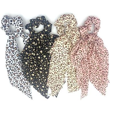 China European and American Style Hair Ornament Long Elastic Hair Ties Bows Knot Women Headband Leopard Print Long Tail Scarf Scrunchies for sale