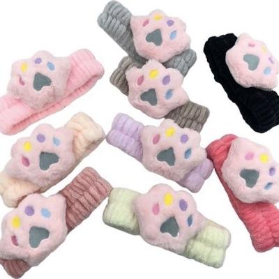 China Custom Elastic Black Flannel Makeup Face Wash Headbands Paw Design Fabric Kids New Fashion Trendy Bear Headbands For Girls for sale