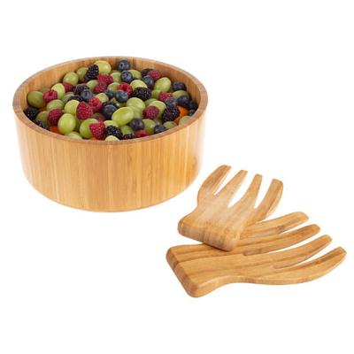 China Sustainable Bamboo Salad Bowl With Utensils Tableware Serving Modern Round Wooden Fruit Bowl With Salad Hands Set for sale