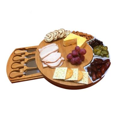 China Sustainable bamboo cheese board set with cutlery in drawer slide-out and knife set and ceramic bowl set for sale