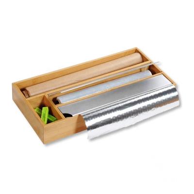 China Sustainable Bamboo Wrap Dispenser With Cutter Bambu Food Wrap Dispenser With Slide Cutter for sale