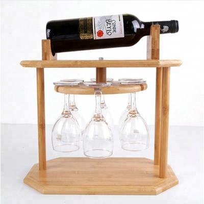 China Viable Bamboo Maker Wine Rack Countertop Goblet Display Holder Beer Bottle Shelf With 6 Glass Cup Holder for sale