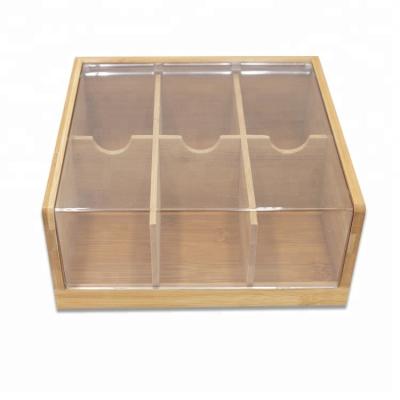 China Sustainable Bamboo Tea Box Organizer Decorative Tea Bag Acrylic Storage Contain 6 Compartment for sale