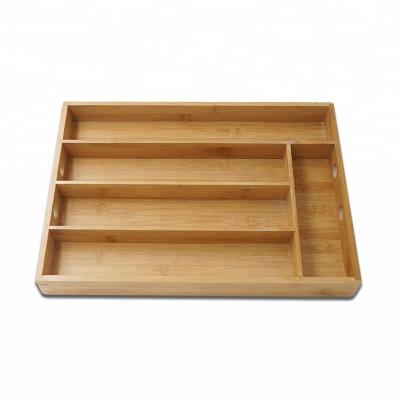 China Sustainable Bamboo Drawer Organizer for Cutlery Kitchen Utensil Tray with 5 Compartment Storage Dividers and Handles for sale