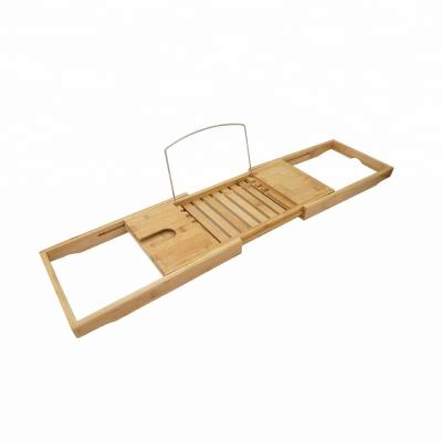 China Viable Bath Tray Bamboo Bath Caddy with Widening Sides, Cup Wine Glass Smartphone Holder, Metal Frame Book Pad Tablet Holder for sale