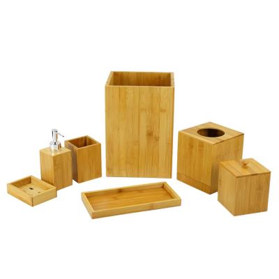 China Standing Type 5-Piece Bathroom Accessories Set.Deluxe Stylish Bamboo Bamboo Vanity Accessories Set With Wastebasket for sale