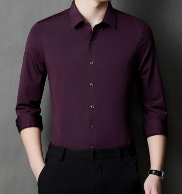 China Men's Slim Fit Long Sleeve Dress Shirt Anti-Pilling Camisas OEM\ODM Spread Collar Solid Color Business Stylish Slim Fit Button Up Polyester Shirt for sale