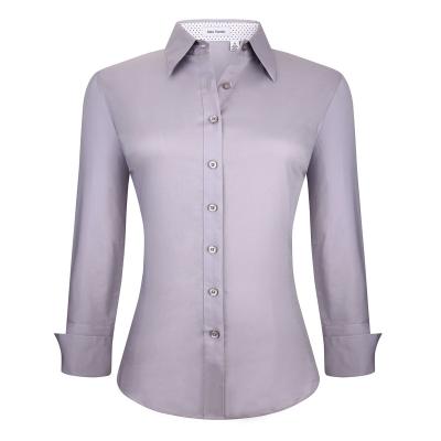 China Anti-pilling Womens Stylish Lapel Long Sleeve Button Down Blouse Office Lady Elegant Slim Fitted cotton spandex Shirt for sale