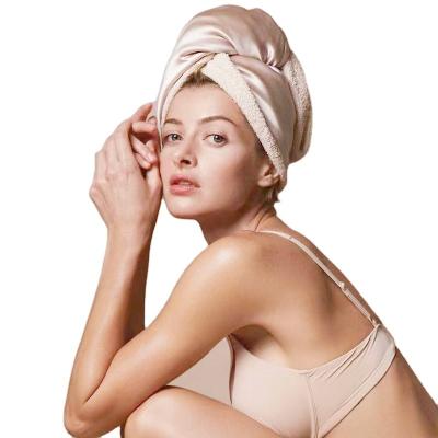 China 100% Microfiber Silk Hair Towel Hypoallergenic Custom Double Layer Mulberry Silk Side Turban One Side Hair Drying Towel One Layer Silk Wrap for sale