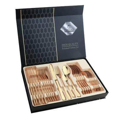 China High Quality Viable Hotel Wedding Dinner Knife Cutlery Stainless Steel Gold Spoon Forks Luxury Flatware Sets With Box for sale