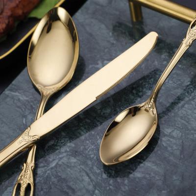 China Sustainable Luxury Restaurant Hotel Wedding Stainless Steel Spoon Set Knife Vintage Gold Flatware Set for sale