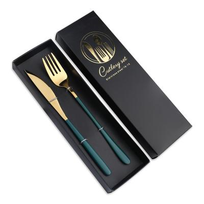 China Custom Korean Style Stainless Steel Luxury Gold Logo Cutlery Steak Knife and Fork Sets Viable With Gift Box for sale