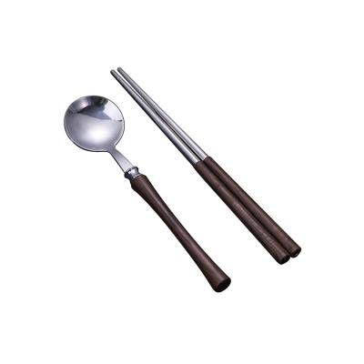 China Travel 2PCS Stainless Steel Spoon Cutlery Wooden Handle Chopsticks Steel Antique Silver Flat Dinnerware for sale