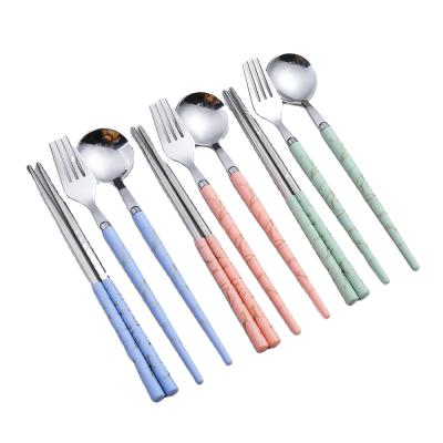 China High Quality Viable Portable Silverware and Stainless Steel Portable Spoon Fork Chopsticks Cutlery Set with PP Marble Handle for sale