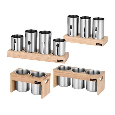 China Factory Direct Selling Stocked Korean Stainless Steel Cutlery Rack Kitchen Metal Chopstick Cutlery Holder Set With Bamboo Rack for sale