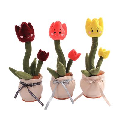 China Short Soft Plush Toy Twist Rose Tulip Singing Plush Charging Electronic Talking Dancing Flower for sale