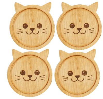 China Viable Wholesale High Quality Custom Made Cat Shape Tea Coaster Cartoon Wooden Coaster Cup Coaster for sale