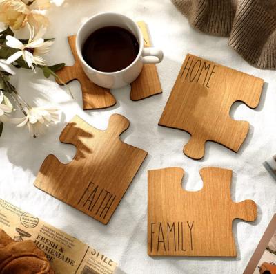 China Best Sustainable Selling Brown Unique Puzzle Shapes Coasters Set Wooden Coasters For Drinks for sale