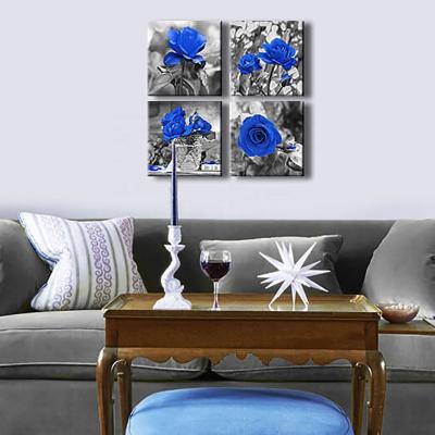 China Modern Antique Weathering Flower Modern Blue or Green Blossom Rose Painting For Living Room 4 Piece Framed Wall Art on Canvas for sale