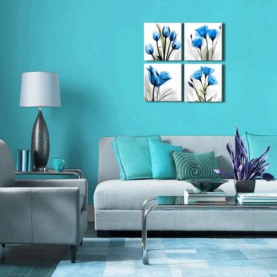 China Modern 4PCS Modern Blue Tulip Blossom Flower Wall Art Framed Stretched Canvas Floral Wall Art for Home Bedroom Kitchen Bathroom for sale