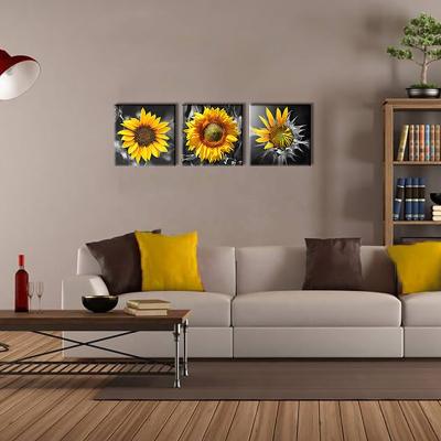 China Modern Modern Sunflower Black and White Theme 3 Piece Framed Stretched Flower Canvas Wall Decor for Home Bedroom Kitchen Bathroom for sale