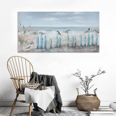 China Modern Ocean Beach Framed Wall Art Hand-Painted Seascape Oil Painting Perching Bird Canvas Artwork for Living Room Bedroom Decor for sale