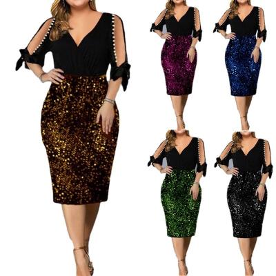 China Anti-Static 2022 Europe and America New Amazon Europe Station V Neck Personality Sequins Large Women's Dress Wholesale for sale