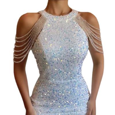 China Anti-Static fashion neck sexy crystal fringe cover buttock sequin European and American dress exploded in 22 spring/summer new produc for sale