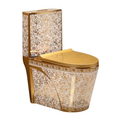 China Shiny Gold Cover Flush Plated Lavatories Customized Gold Ceramic Bathroom One Piece Toilet for sale