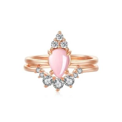 China Gold Wedding Two-Part Ring Optional Gold Silver Rose Quartz Ring Pear Shape 14K Rose Gold Quartz Lady Natural Vintage Pink for sale