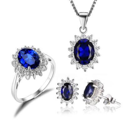 China New Luxury European and American CLASSIC Inlaid Three Piece Set with Sapphire Blue Zircon 925 Sterling Silver Lady Necklace Ring Earring for sale