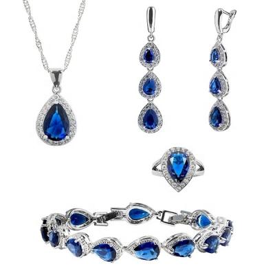 China CLASSIC Four Piece Water Drop Set Shaped Sapphire Zircon 925 Sterling Silver Lady Necklace Bracelet Earrings Ring for sale