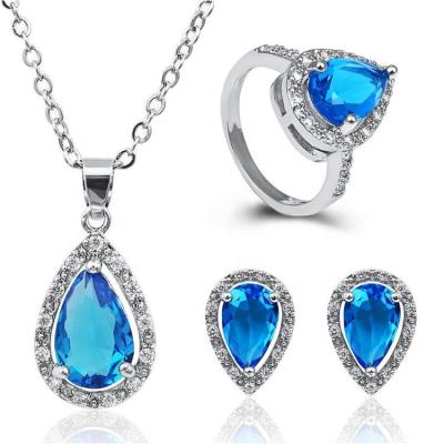 China Water Drop Shaped 925 Zircon Ring CLASSIC Fashion Custom Three-Piece Set Green Blue Sterling Silver Lady Necklace Earrings for sale