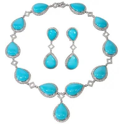 China CLASSIC Bluish Type Turquoise 925 Sterling Silver Two-Piece The Water Purple Wedding Ladies Gem Necklace And Earrings For Gift for sale