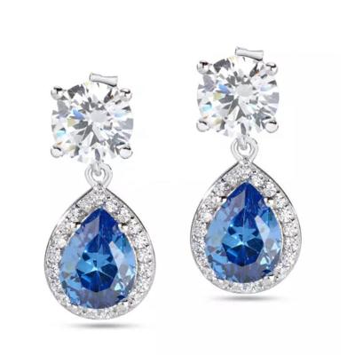 China Classic Hot Selling Vintage Pear Cut Shape Blue Gemstone Corundum And White Zircon Sterling Silver Women's Daily Wear Earrings 925 for sale