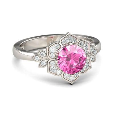 China Hot Style Sterling Silver Pink Sapphire Flower Rhodium Plate Plating Form Gemstone Wedding Ring for sale