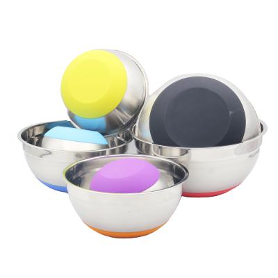 China Colored Base Non Slip Kitchen Round Serving Stainless Steel Non Slip Salad Bowl With Plastic Lids for sale