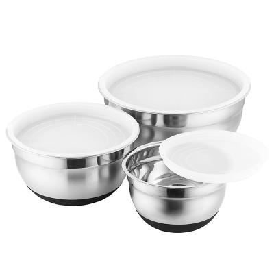 China Stocked Factory Outlet 201 Stainless Steel Salad Mixing Bowls Set With Silicone Lid for sale