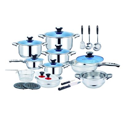 China Sustainable Manufacturer 25pcs Multi Size Stainless Steel Chinese Cookware Sets With Blue Glass Cover for sale