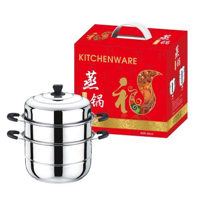 China Sustainable Packing Color Box Household Kitchen Item Cooking Pot 28cm Double Tier Steamer With Lid for sale