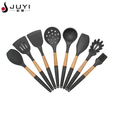 China Sustainable 8 Piece Black Kitchenware Utensil Silicone Kitchen Accessories Sets With Wooden Handle for sale