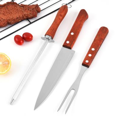 China 3Pcs Stainless Steel Easily Cleaned With Wooden Handle Kitchen Camping BBQ Indoor Outdoor Tool Kit for sale