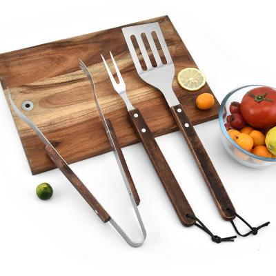 China Easily Cleaned 3Pcs Stainless Steel With Wooden Handle Kitchen Tool Kit For Kitchen BBQ Grill Indoor Outdoor Set for sale