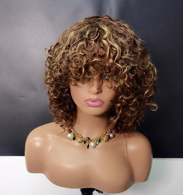 China Other Wholesale elastic curly human hair wigs Black female short wave hair curly T4/27 Full machine made colorful wigs Remy wigs for sale