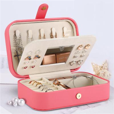 China Portable Travel Viable Small Jewelry Organizer Box With Makeup Mirror Earrings Ring Necklace Cosmetic Storage Box for sale